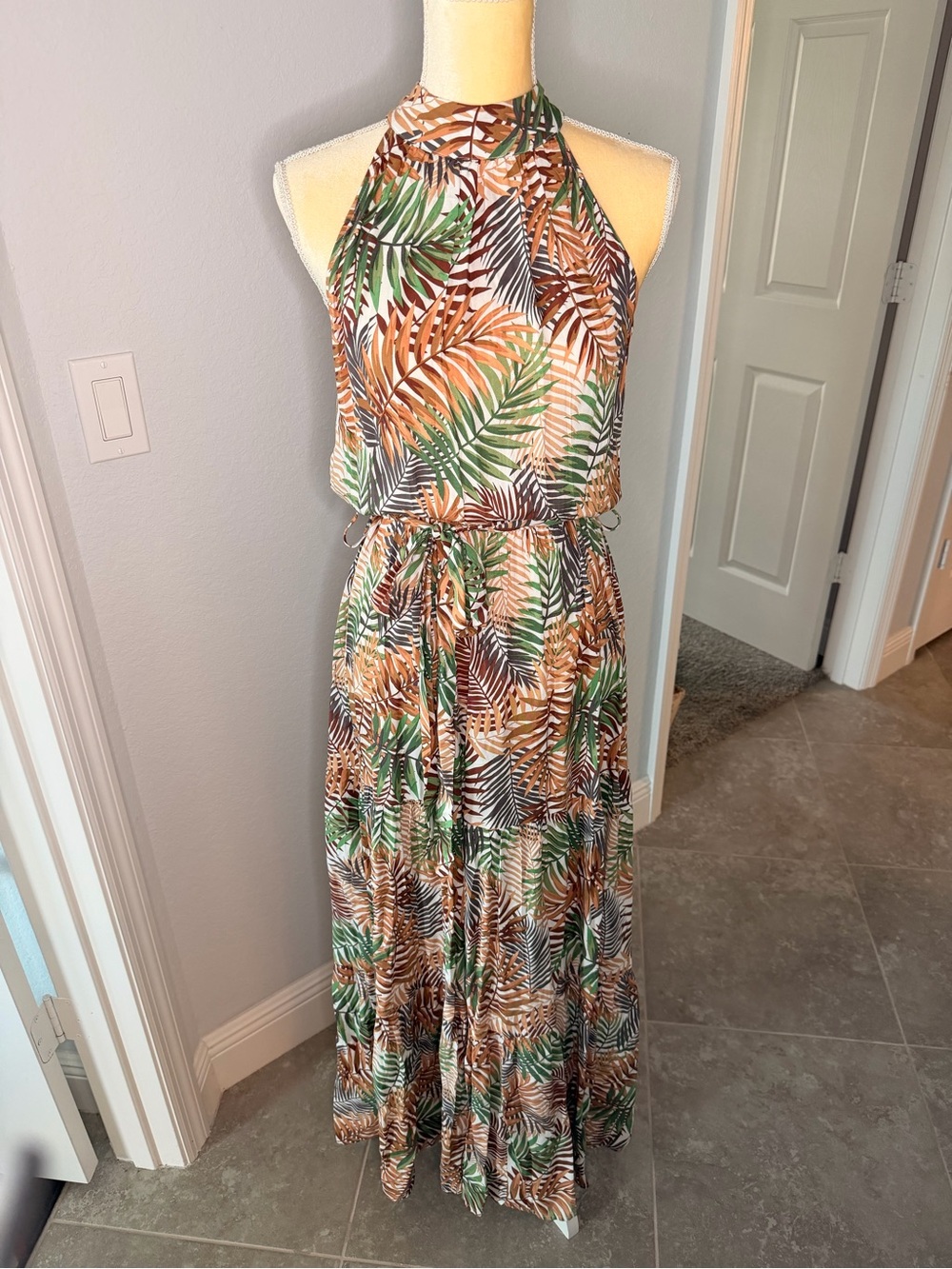 Francesca’s Tropical Halter Maxi Dress in Green & Brown